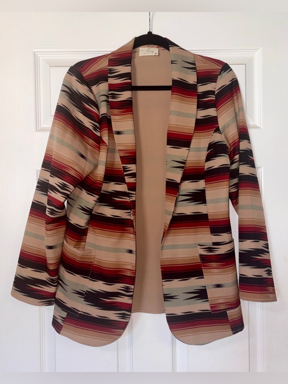 Western Aztec Lightweight Open-Front Women's Blazer in Beige and Burgundy